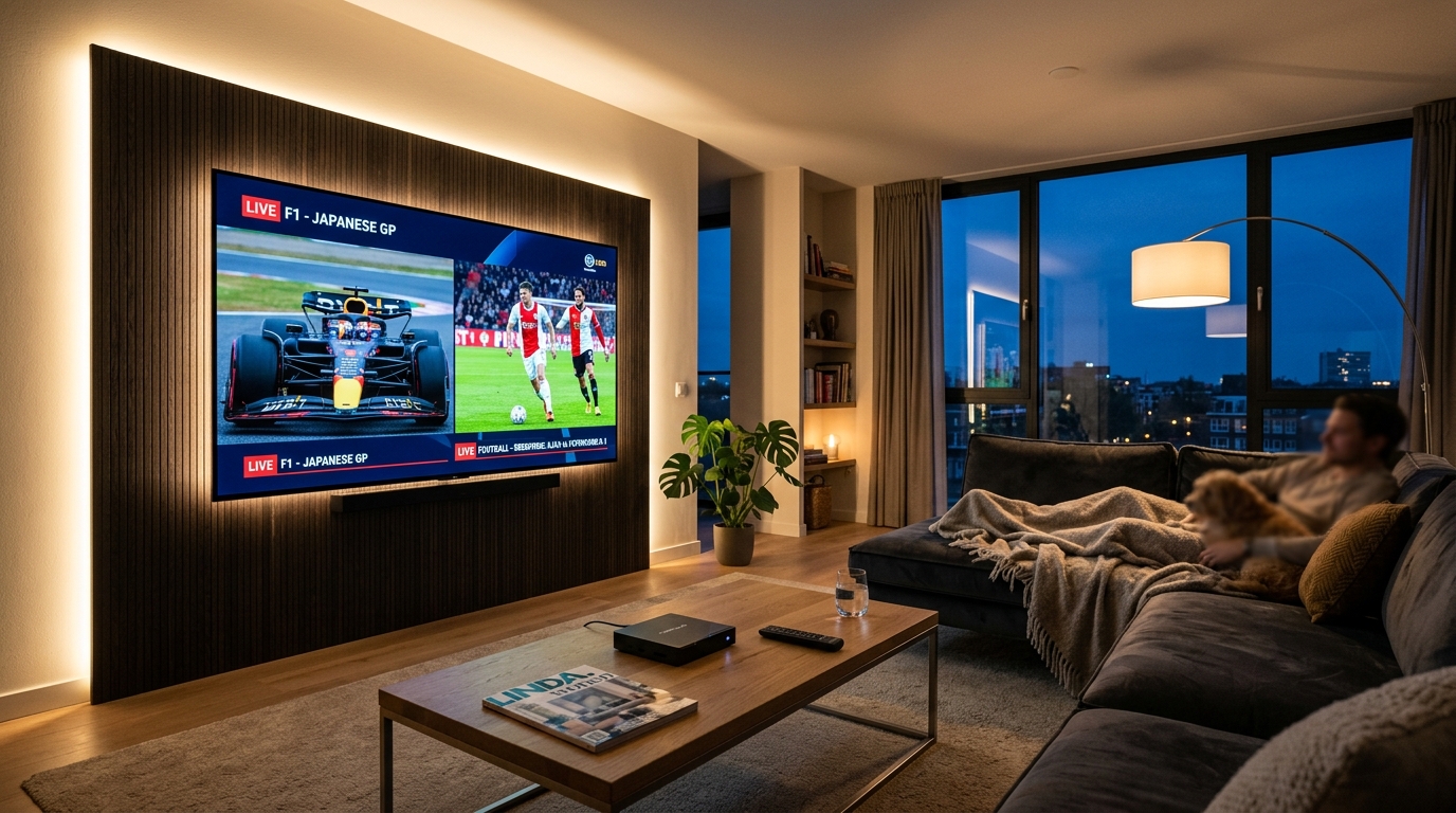 Nederland IPTV gids 2026: Moderne Nederlandse woonkamer met live Formule 1 en Eredivisie in 4K HDR op OLED tv